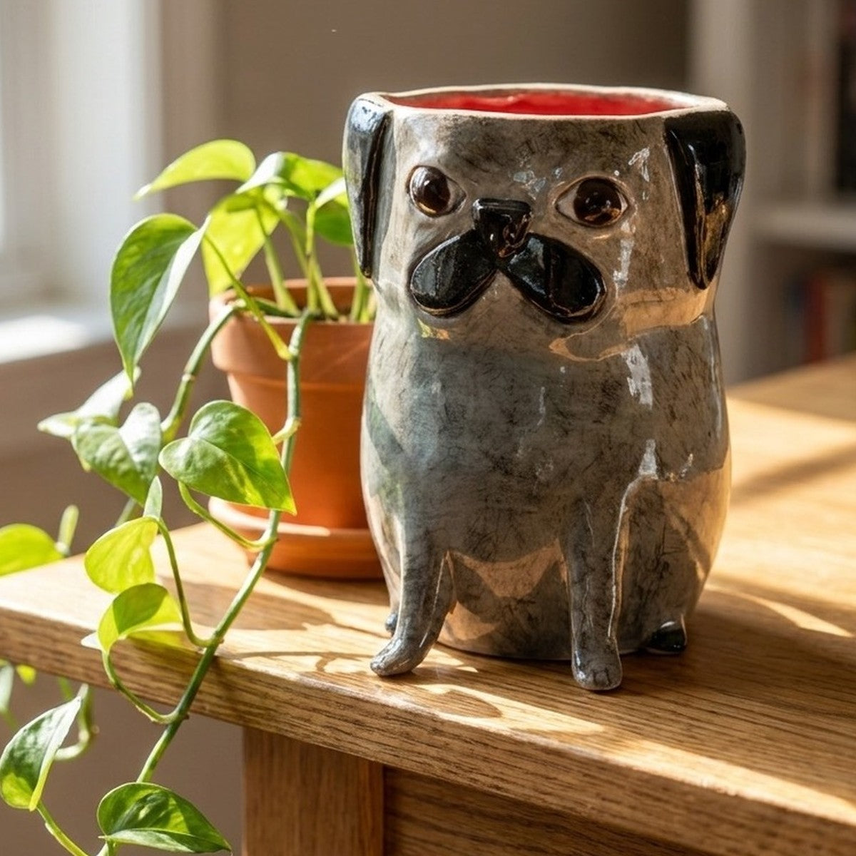 Archie the black pug ceramic vase, handmade clay pottery