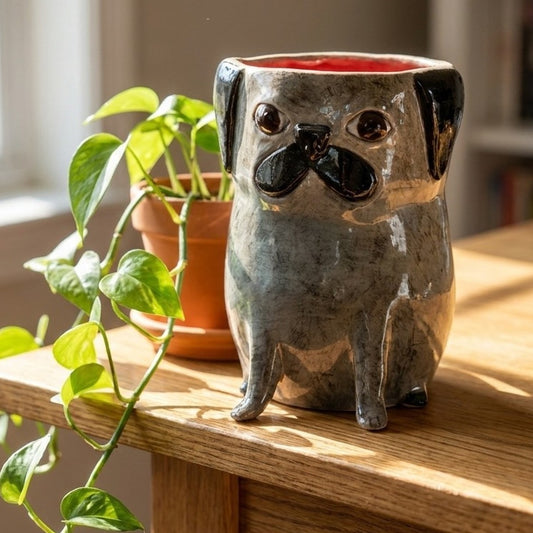 Archie the black pug ceramic vase, handmade clay pottery