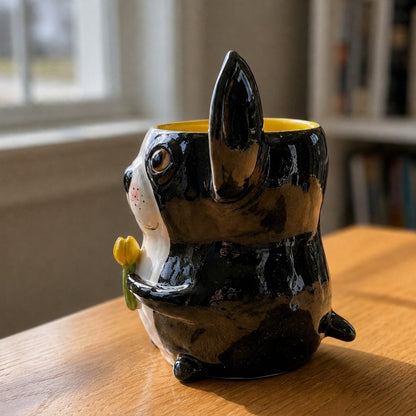 Clara the Boston Terrier ceramic vase holding a yellow tulip, handmade clay pottery