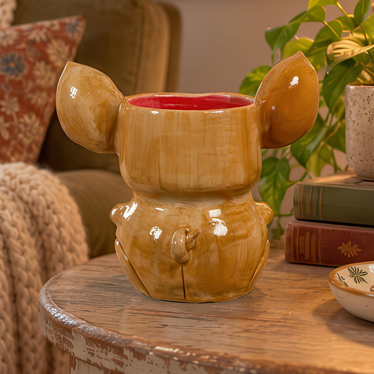 Back of Dottie, a handmade Boston Terrier flower vase, showing the large sculpted ears