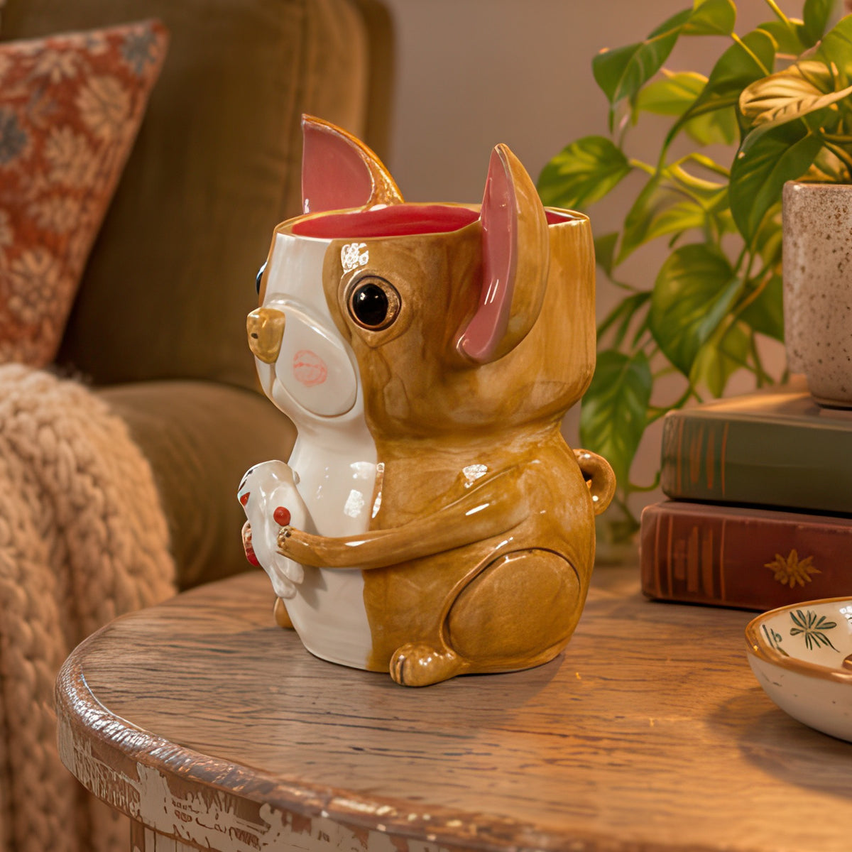 Side view of Dottie, a hand-sculpted ceramic Boston Terrier vase