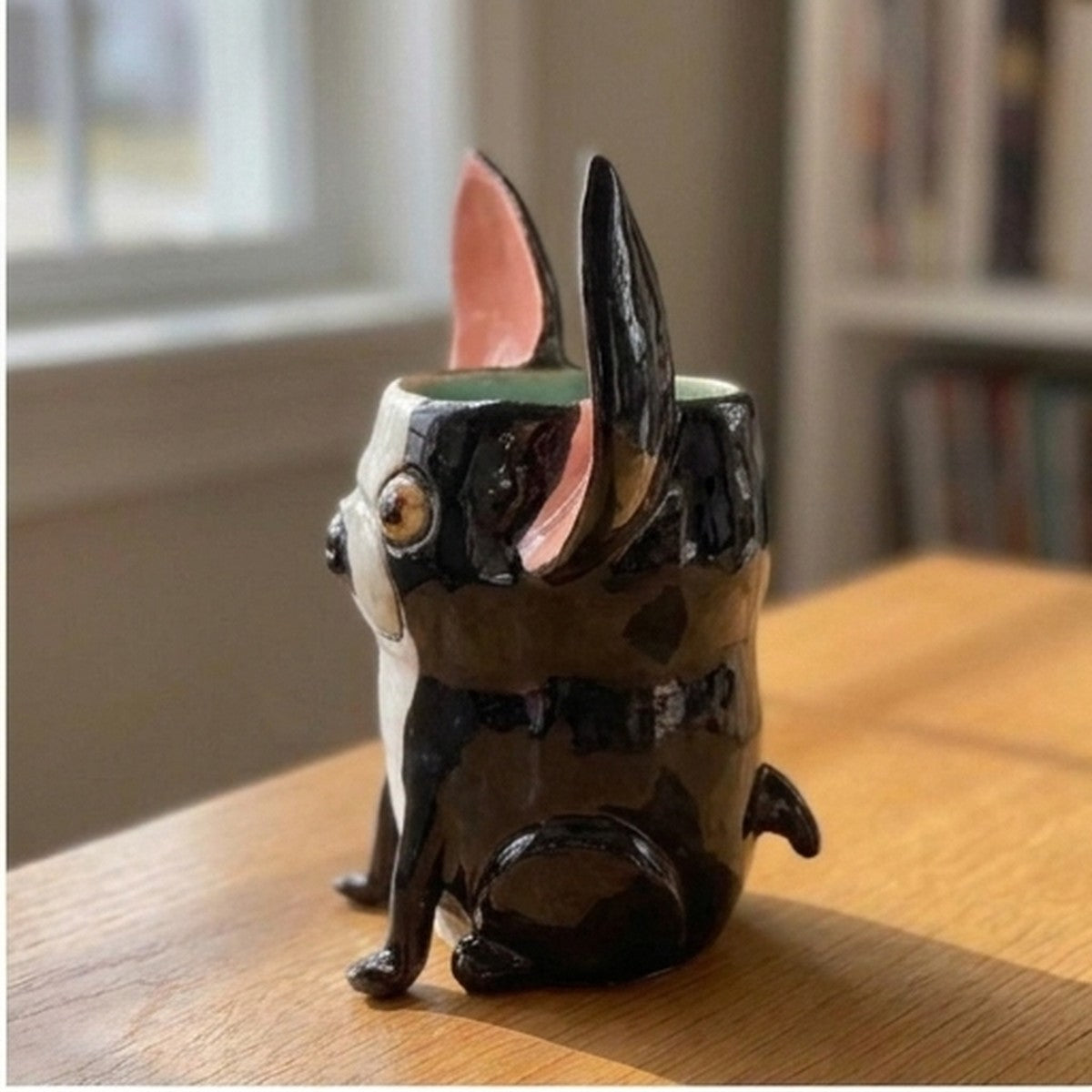 Edwin the Boston Terrier ceramic vase, side view
