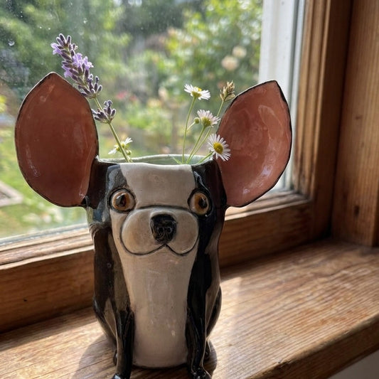 Edwin the Boston Terrier ceramic vase with lavender and daisies