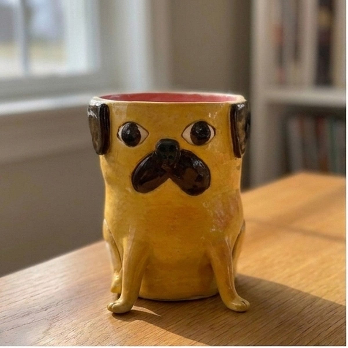 Gus the apricot pug ceramic vase, front view