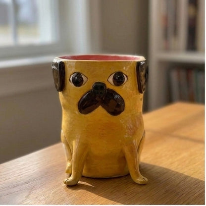 Gus the apricot pug ceramic vase, front view