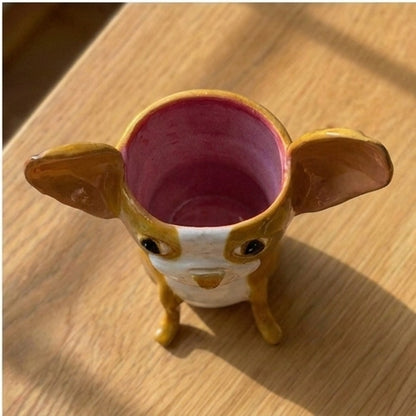 Hazel the Boston Terrier ceramic vase, top-down view showing the pink glazed interior