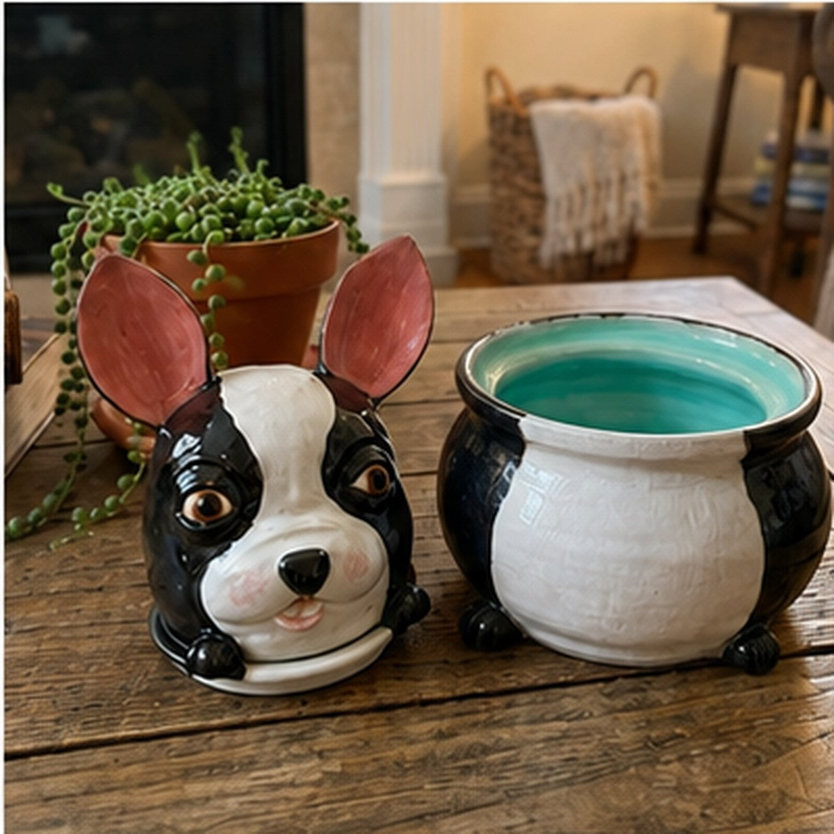 Henry the Boston Terrier ceramic jar, open showing the teal glazed container