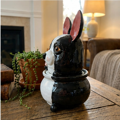 Henry the Boston Terrier ceramic jar, side view