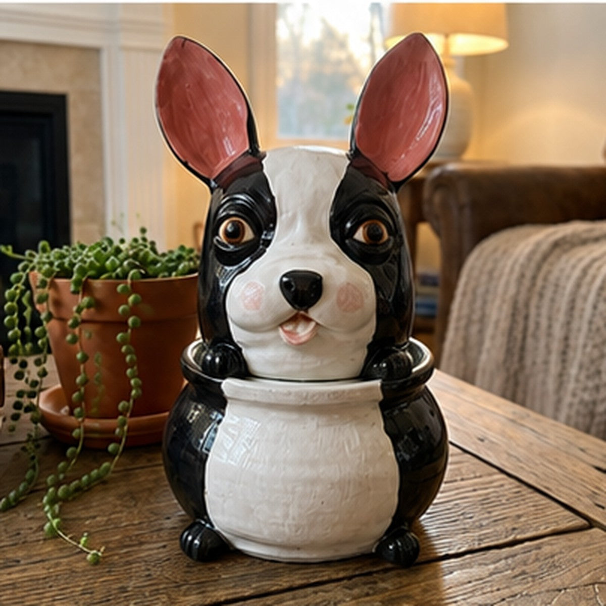 Henry the Boston Terrier ceramic jar, handmade clay pottery