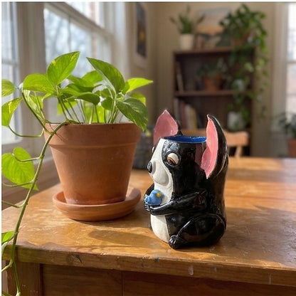 Joy the Boston Terrier ceramic vase, side view