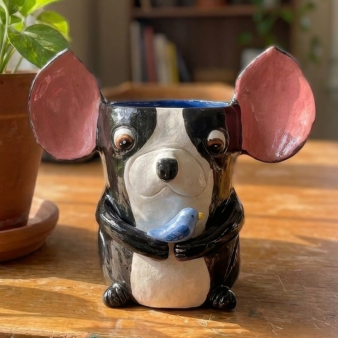Joy the black and white Boston Terrier ceramic vase holding a small blue bird, handmade clay pottery