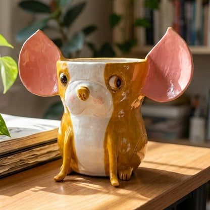 Mabel the mustard and white Boston Terrier ceramic vase, handmade clay pottery