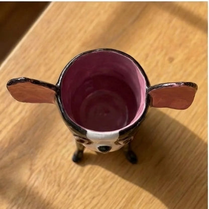 Millie the Boston Terrier ceramic vase, top-down view showing the pink glazed interior