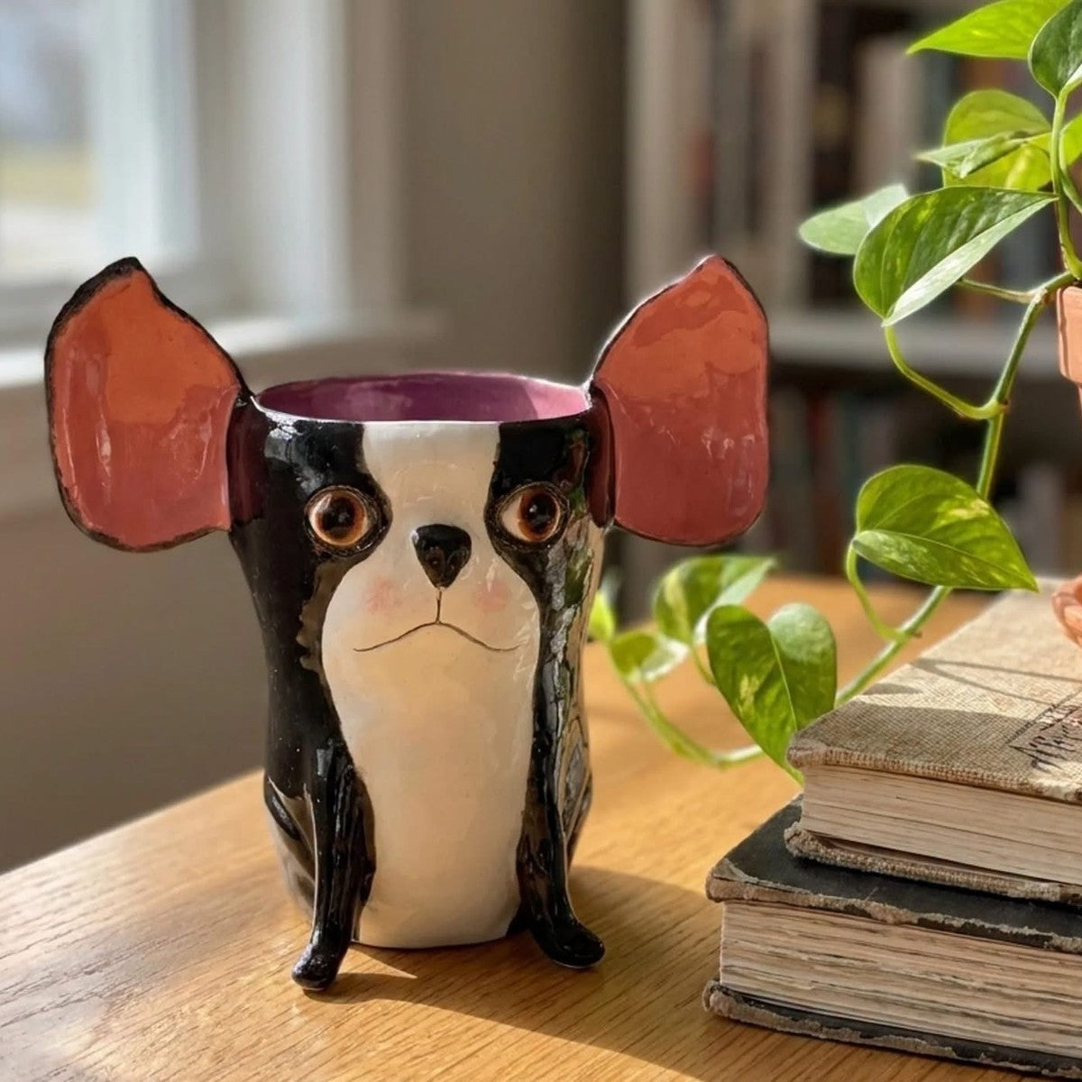 Millie the Boston Terrier ceramic vase with tall ears, handmade clay pottery