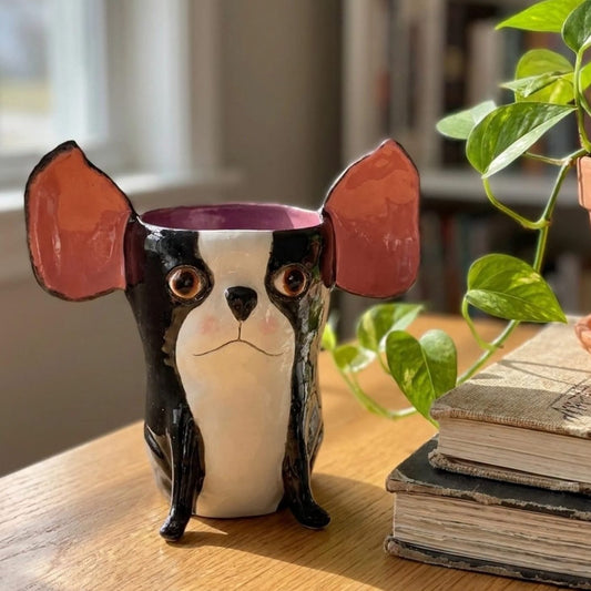 Millie the Boston Terrier ceramic vase with tall ears, handmade clay pottery