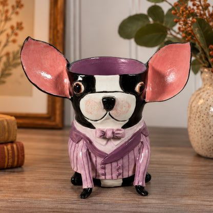 Percy, a handmade ceramic Boston Terrier vase with pink ears, wearing a pink pinstripe jacket and bow tie