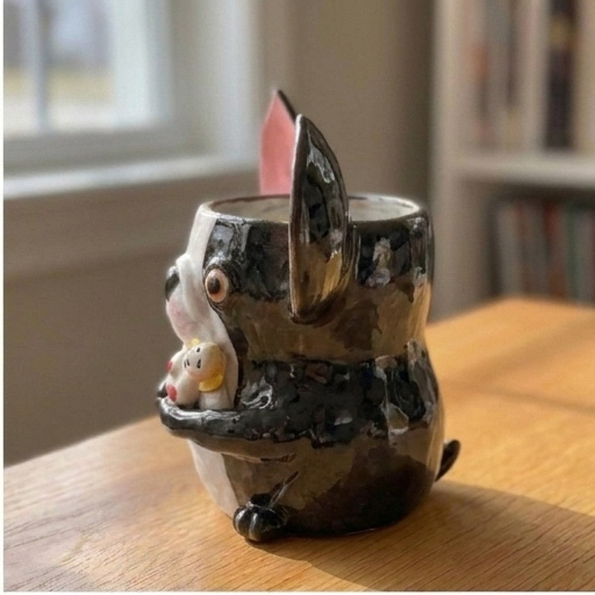 Theo the Boston Terrier ceramic vase with a small bunny figure, handmade clay pottery