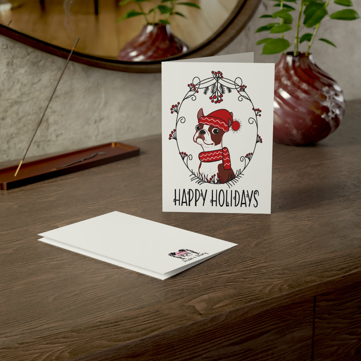 Red Boston Happy Holidays Folded Greeting Cards (1, 10, 30, or 50)