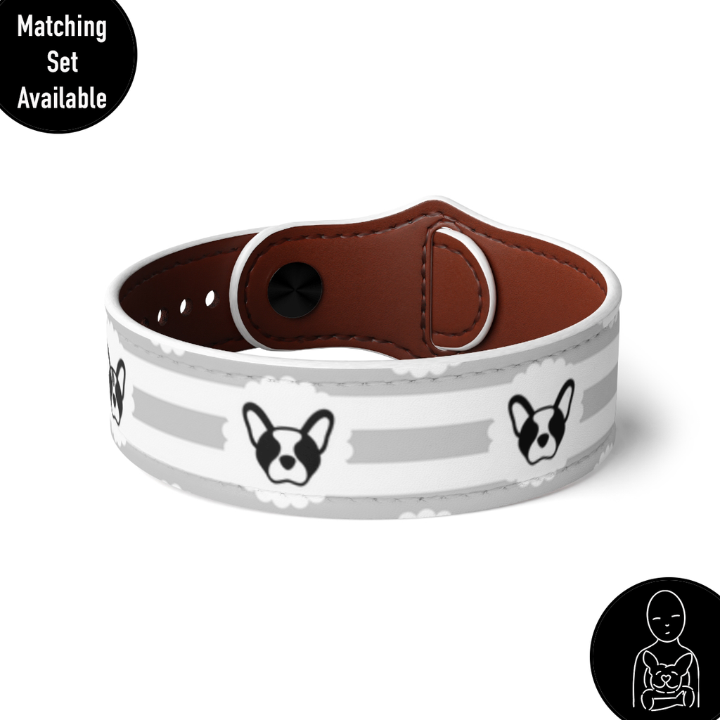 Grey Stripes and Bostons Vegan Leather Wristband