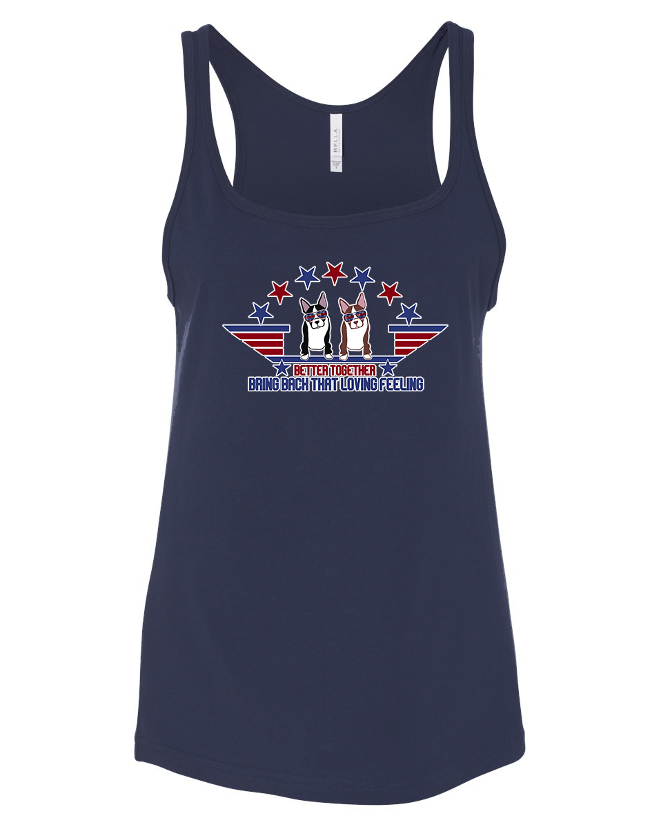 Navy Tank Top with Top Gun Inspired Dogs.  Text reads, "Better Together. Bring Back That Loving Feeling"