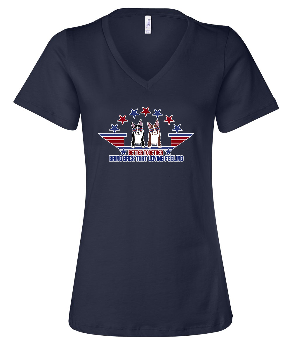 Navy V Neck t-shirt with Top Gun Inspired Dogs. Text reads, "Better Together. Bring Back That Loving Feeling"